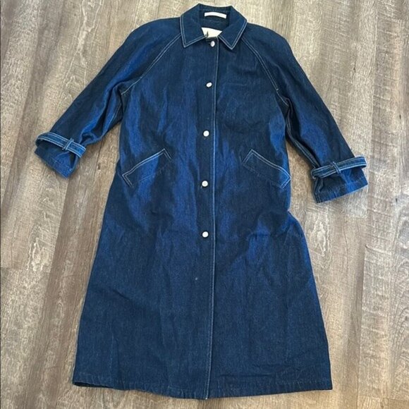 Vintage Jackets & Blazers - Vintage Misty Harbor Denim Trench Coat Dark Wash Oversized Size 10 / M
